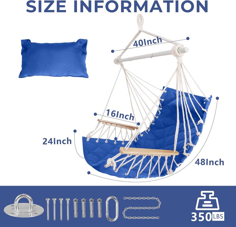 ROOITY Hammock Chair Hanging Swing with Wooden Armrests;Steel Spreader Bar,Pillows,Hardware kit Included;Cotton Woven ;Up to 350 Lbs,for Indoor Outdoor Blue - Image 5